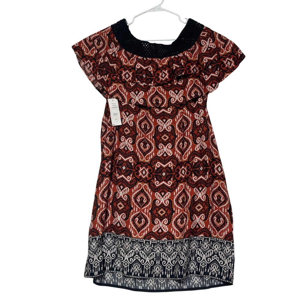 MSK Womens Red Ikat Tribal Print Crochet Neck Ruffle Dress 9388807A Size L NWT